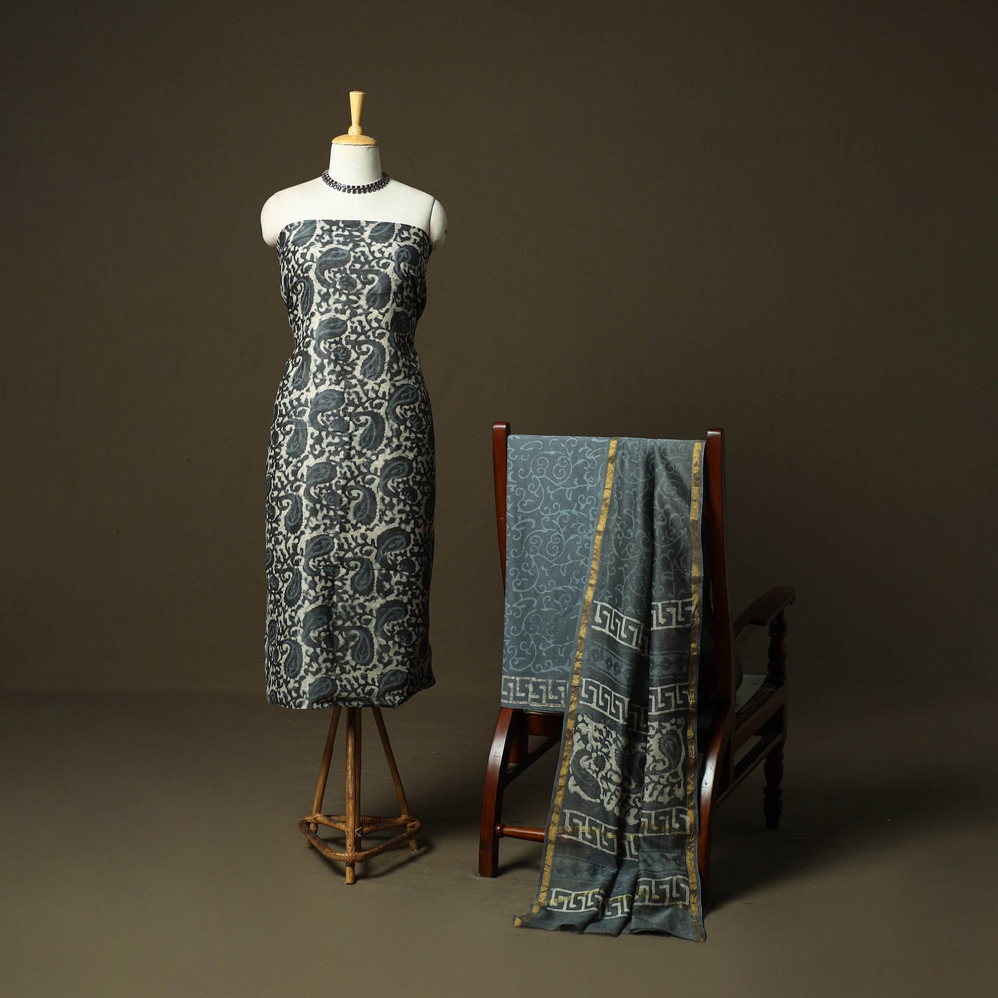 Chanderi silk hand block bagru print 3pc unstitched dress
