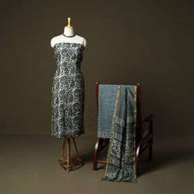 Chanderi silk hand block bagru print 3pc unstitched dress