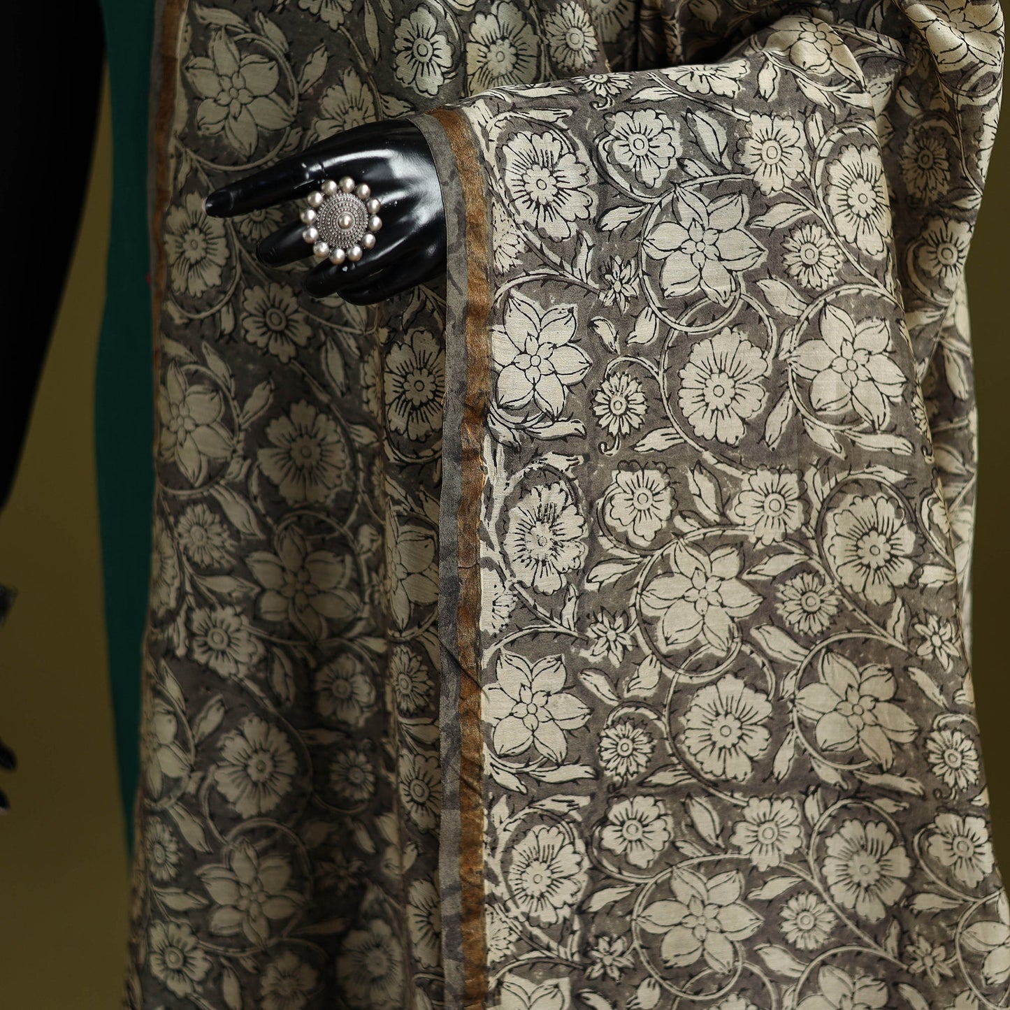 Grey - chanderi silk hand bagru dupatta with zari border 23