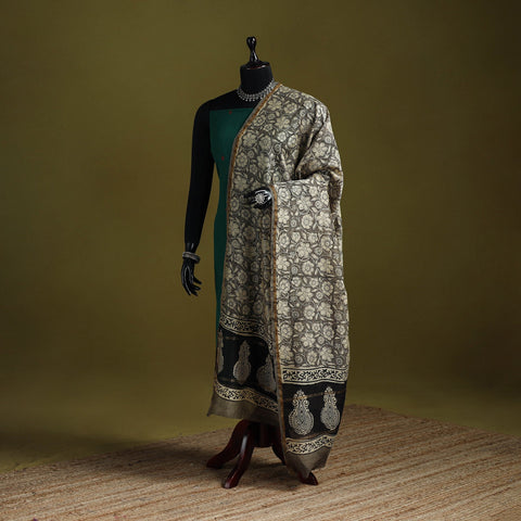 Grey - chanderi silk hand bagru dupatta with zari border 23