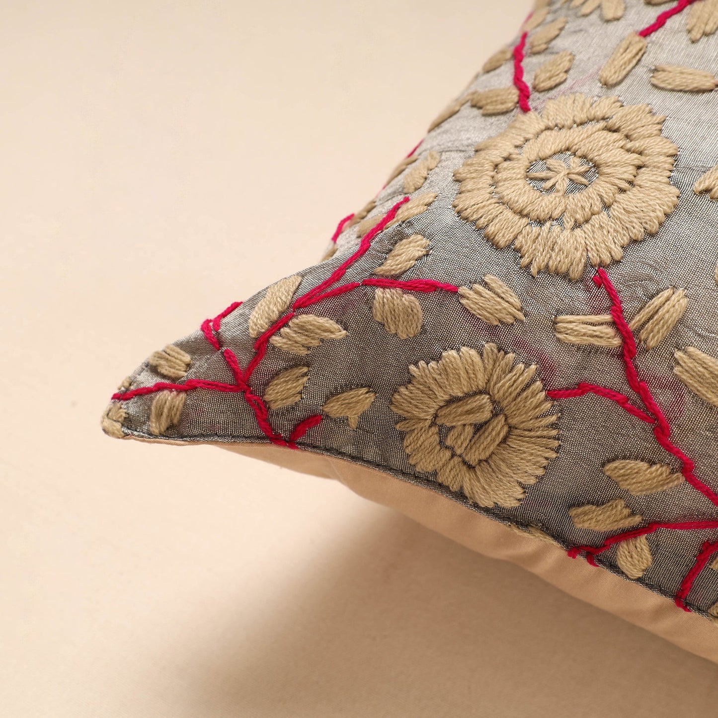 Grey Chanderi Silk Phulkari Hand Embroidered Cushion Cover