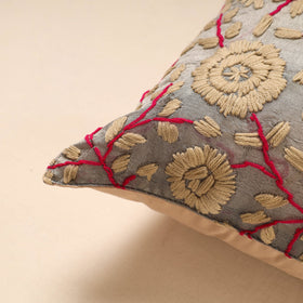 Grey Chanderi Silk Phulkari Hand Embroidered Cushion Cover