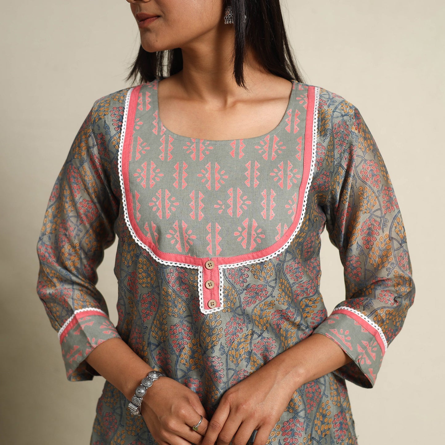  Grey Block Print Chanderi Silk Sanganeri Kurta Set