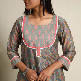  Grey Block Print Chanderi Silk Sanganeri Kurta Set