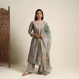 Grey Block Print Chanderi Silk Sanganeri Kurta Set