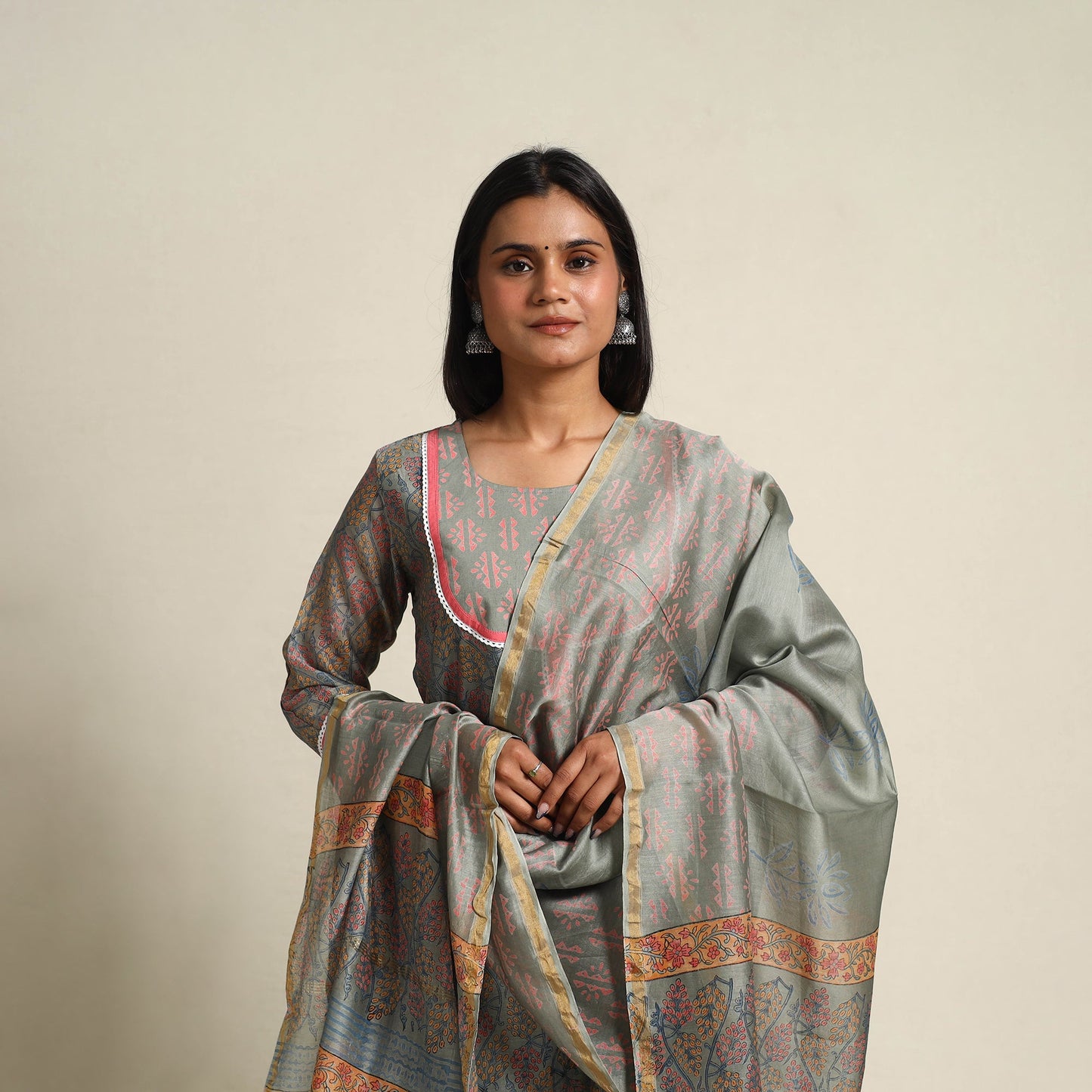  Grey Block Print Chanderi Silk Sanganeri Kurta Set