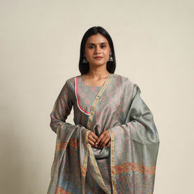  Grey Block Print Chanderi Silk Sanganeri Kurta Set