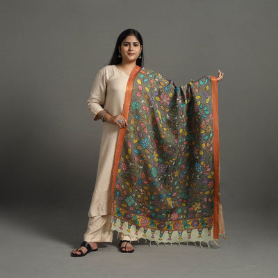 Grey - chanderi silk srikalahasti handpainted pen kalamkari