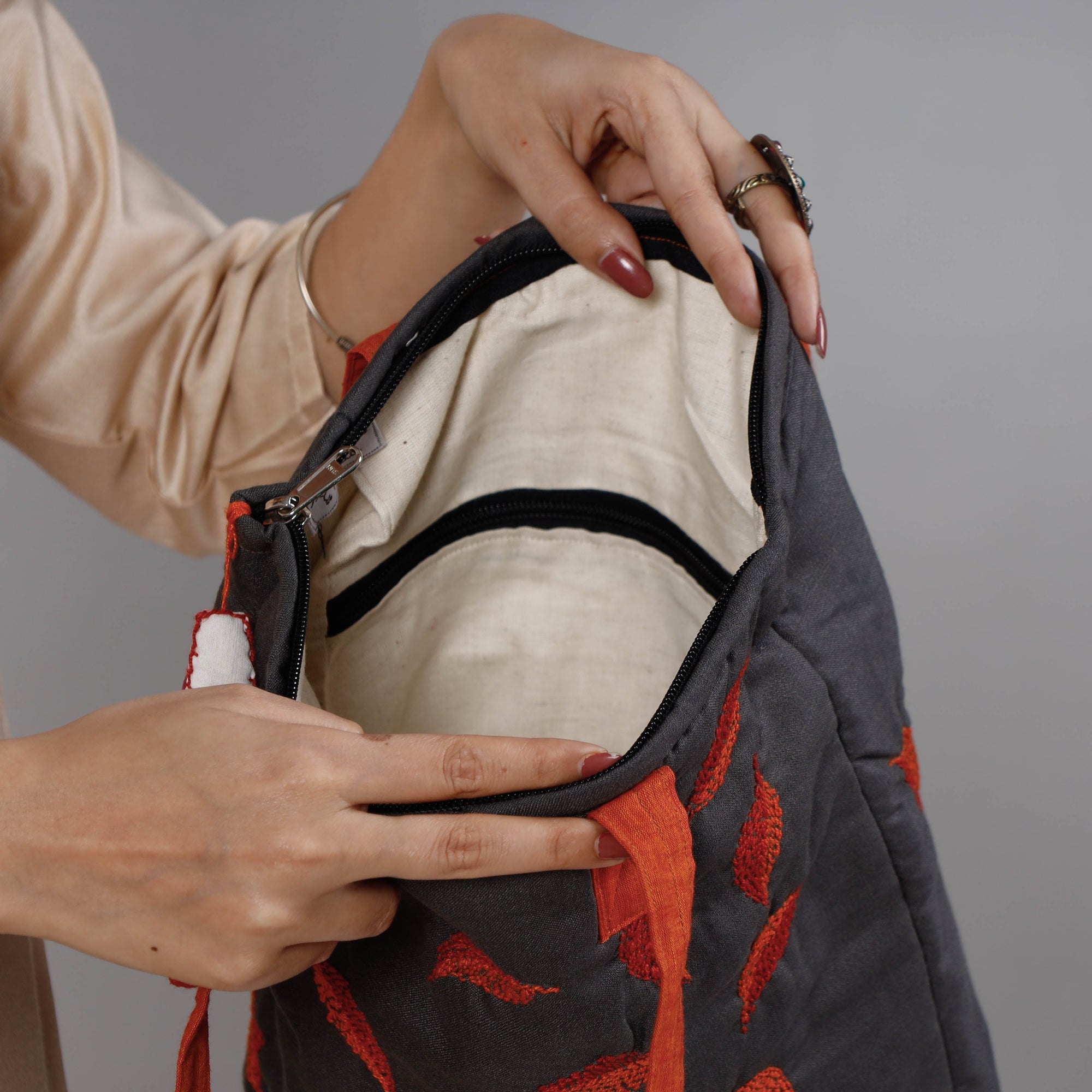 Grey - Chandi Maati Kantha Work Cotton Tote Bag