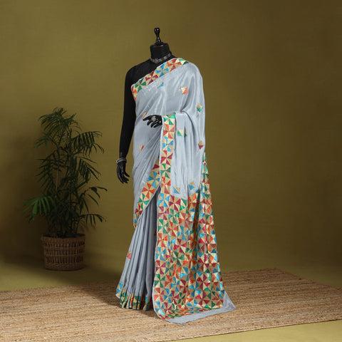 Grey - chinon silk hand embroidery phulkari saree 10