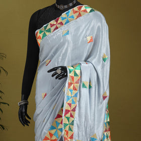 Grey - chinon silk hand embroidery phulkari saree 10
