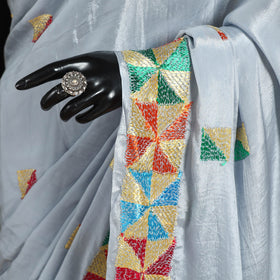 Grey - chinon silk hand embroidery phulkari saree 10