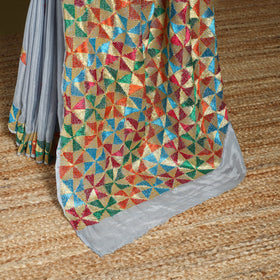 Grey - chinon silk hand embroidery phulkari saree 10