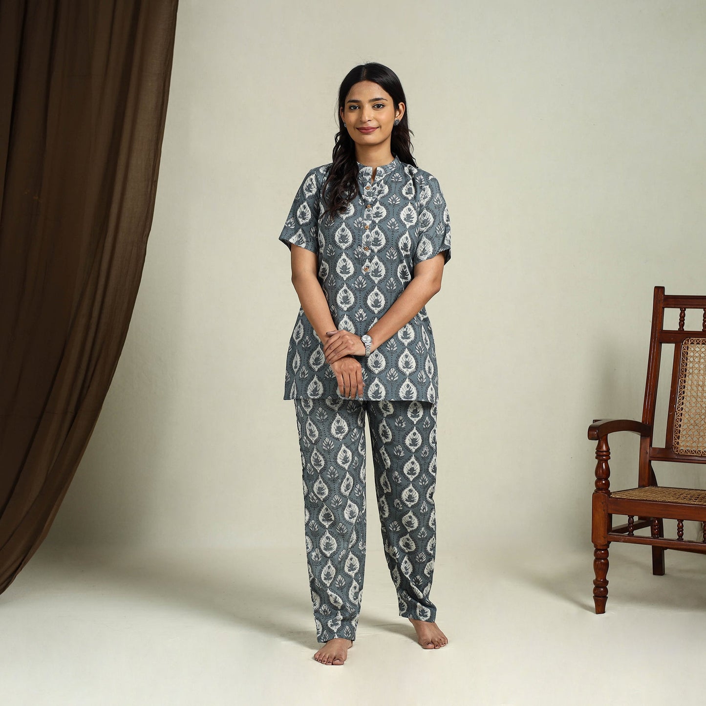  Grey Block Print Cotton Bagru Night Suit Set