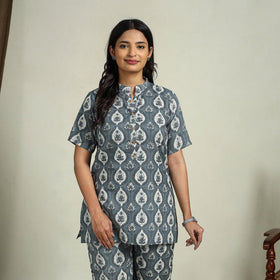 Grey Block Print Cotton Bagru Night Suit Set