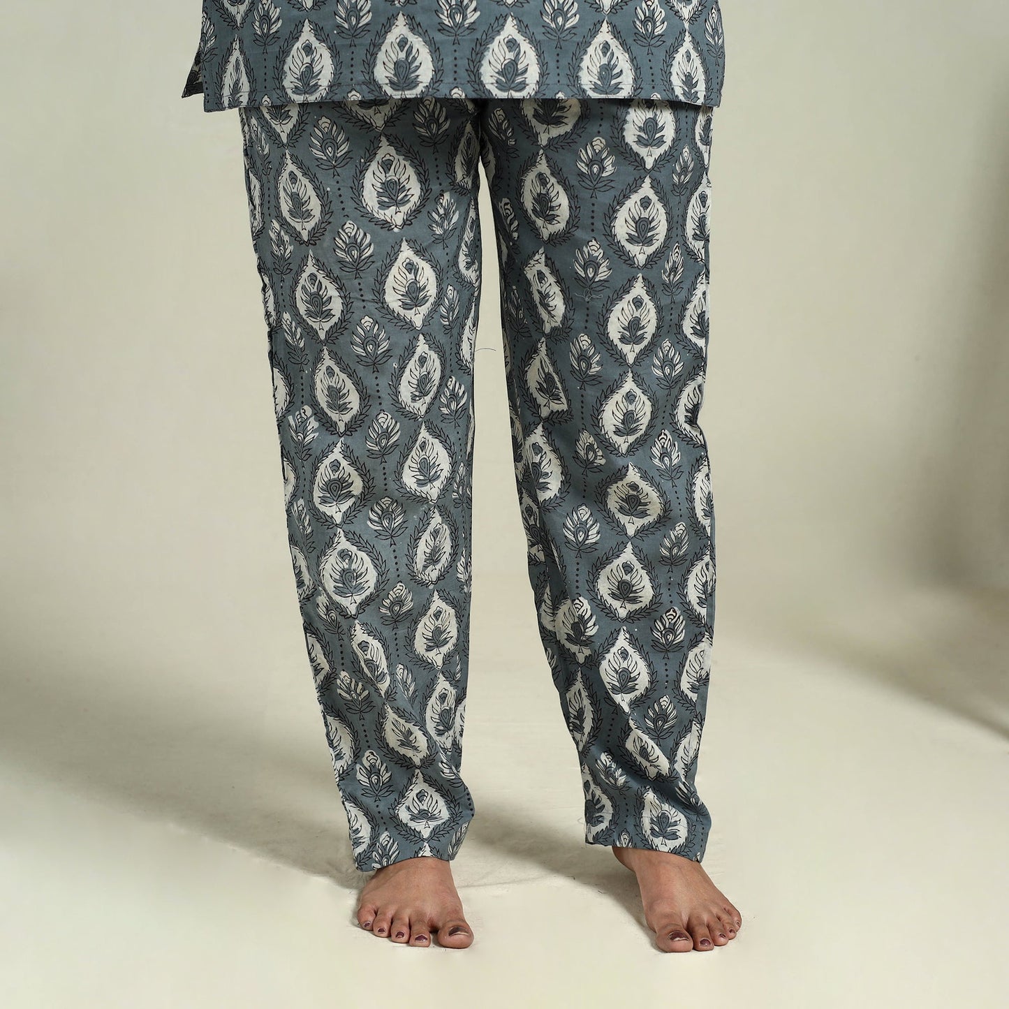  Grey Block Print Cotton Bagru Night Suit Set