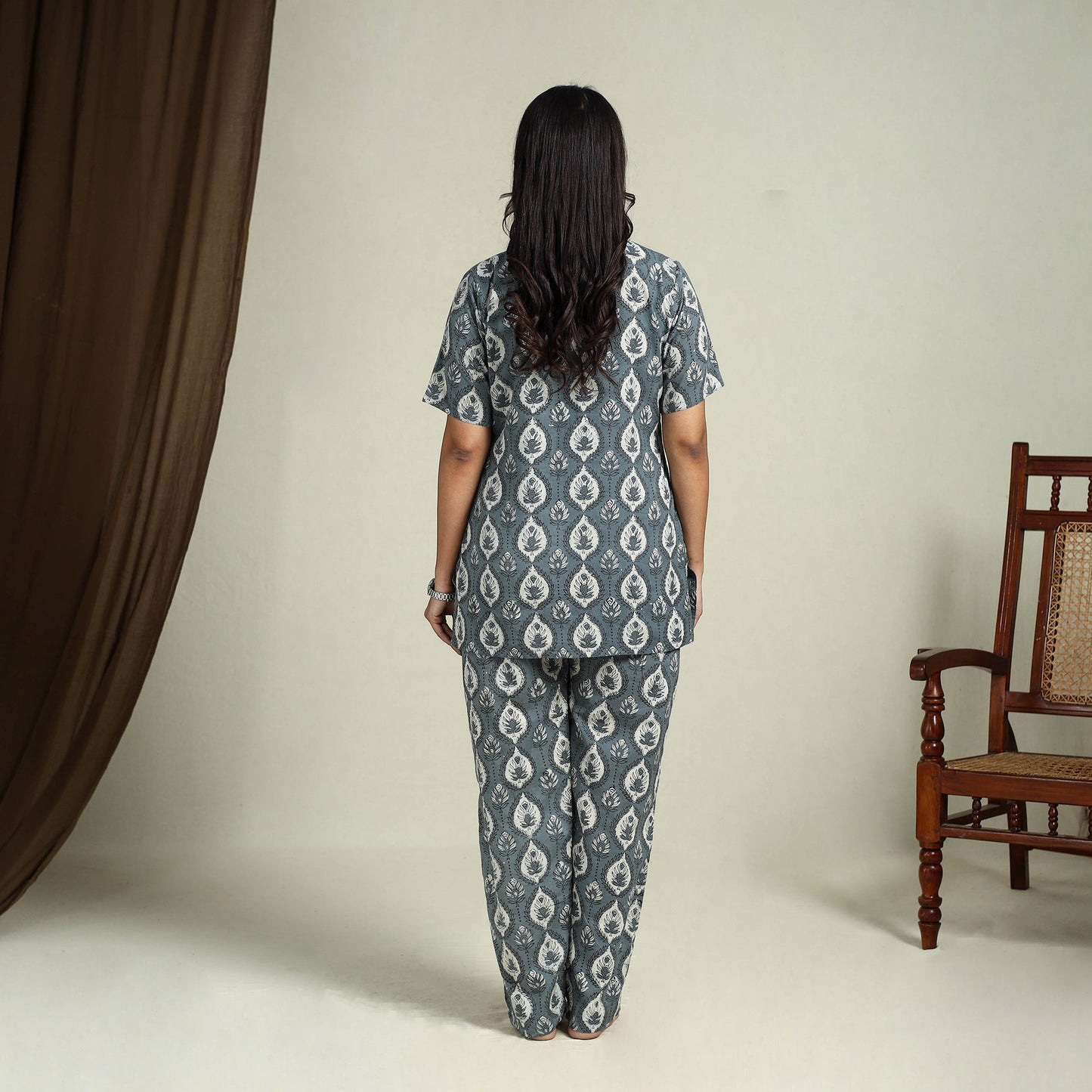  Grey Block Print Cotton Bagru Night Suit Set