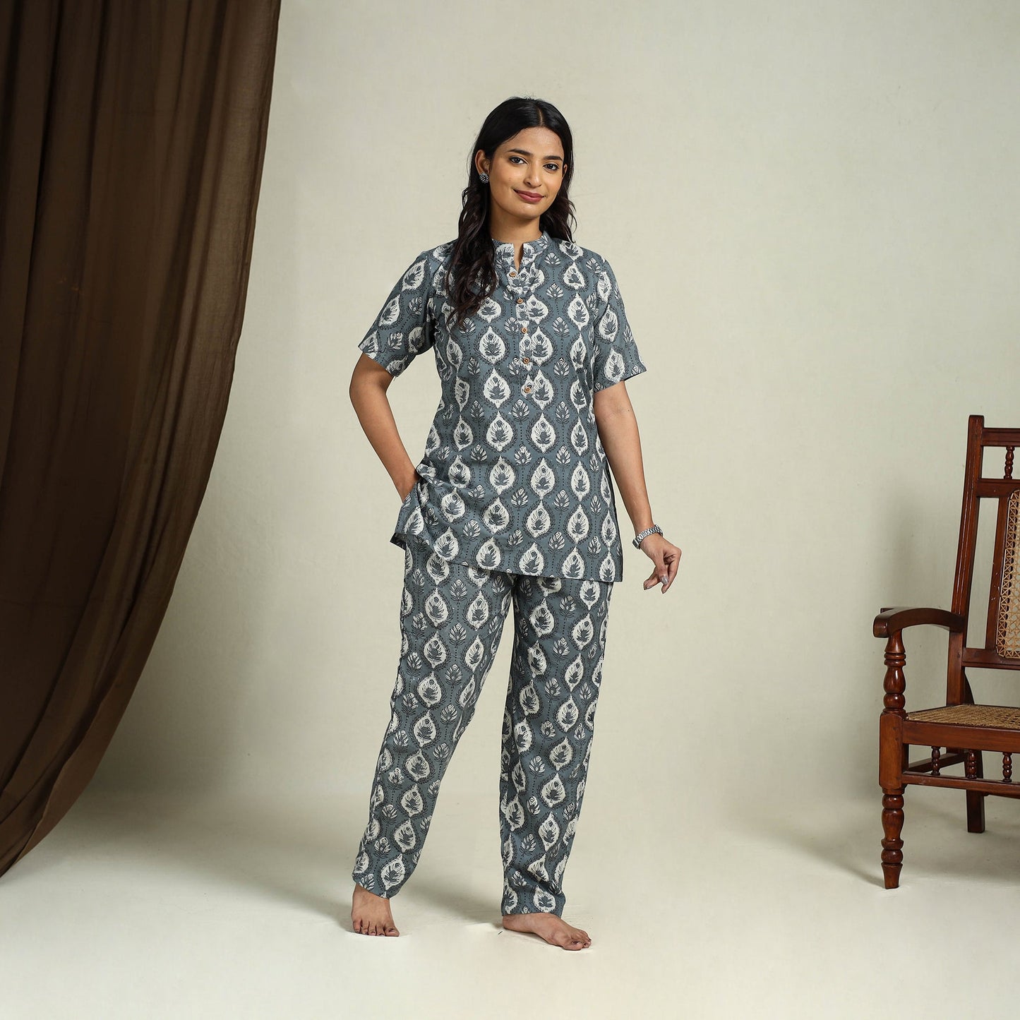  Grey Block Print Cotton Bagru Night Suit Set