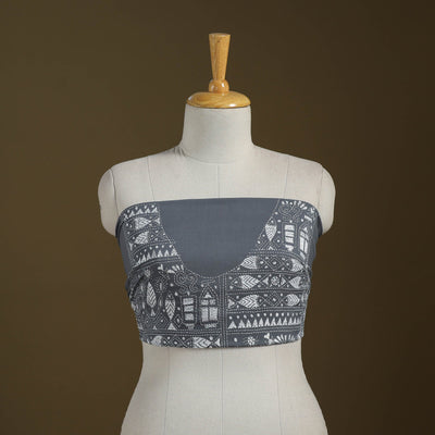 Grey Cotton Bengal Kantha Stitch Blouse Piece 
