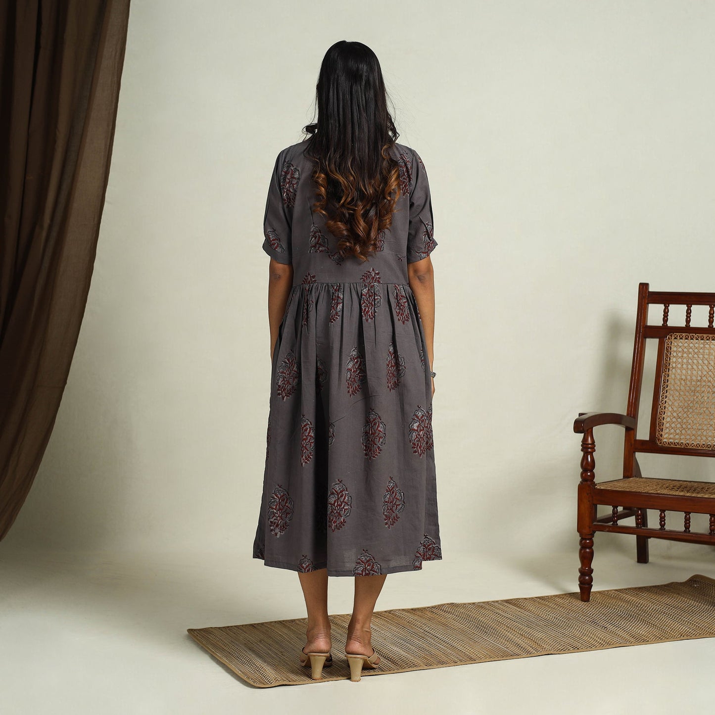  Grey Block Print Cotton Button Down Bagru Dress