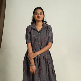  Grey Block Print Cotton Button Down Bagru Dress