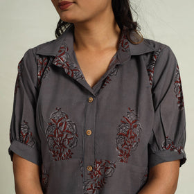  Grey Block Print Cotton Button Down Bagru Dress