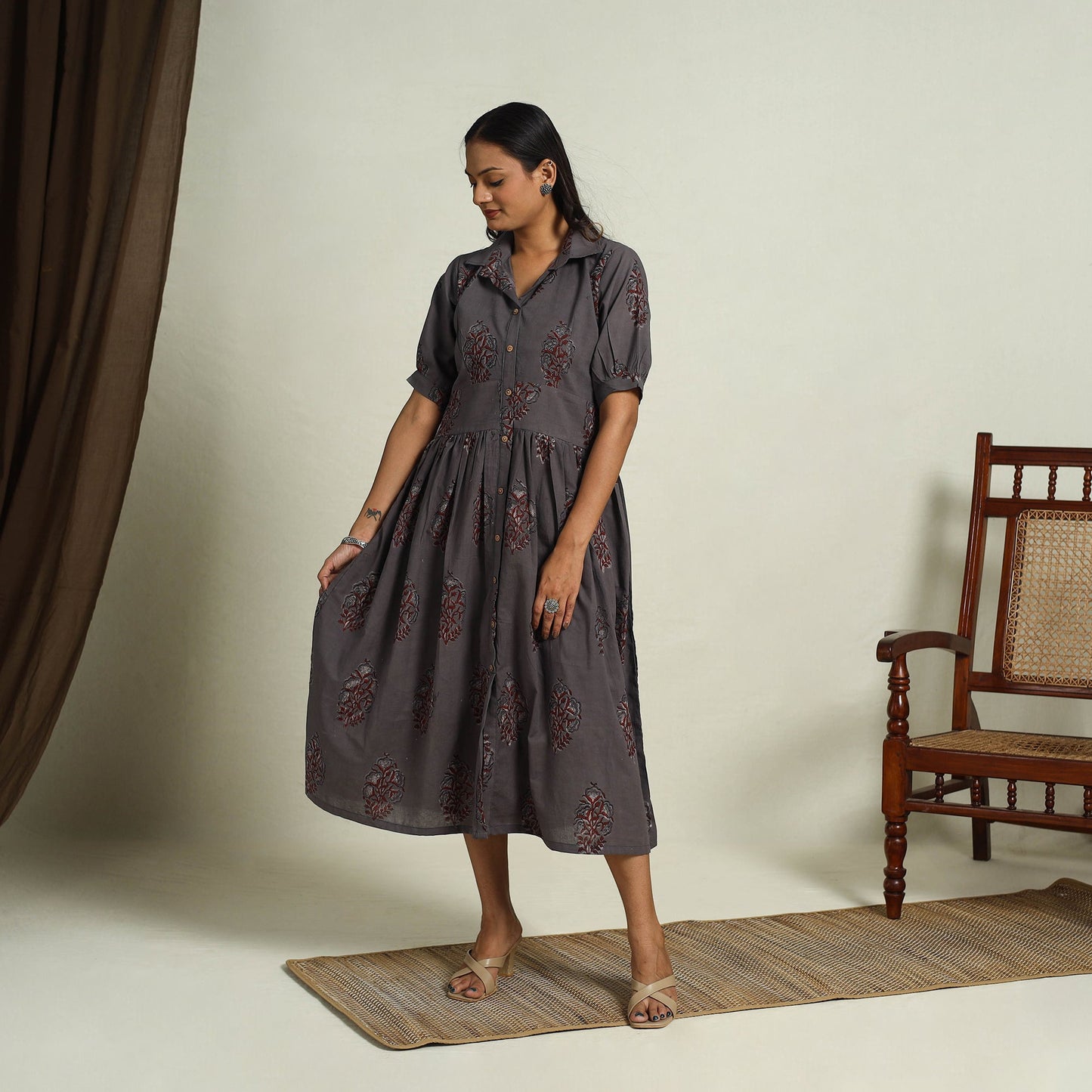  Grey Block Print Cotton Button Down Bagru Dress