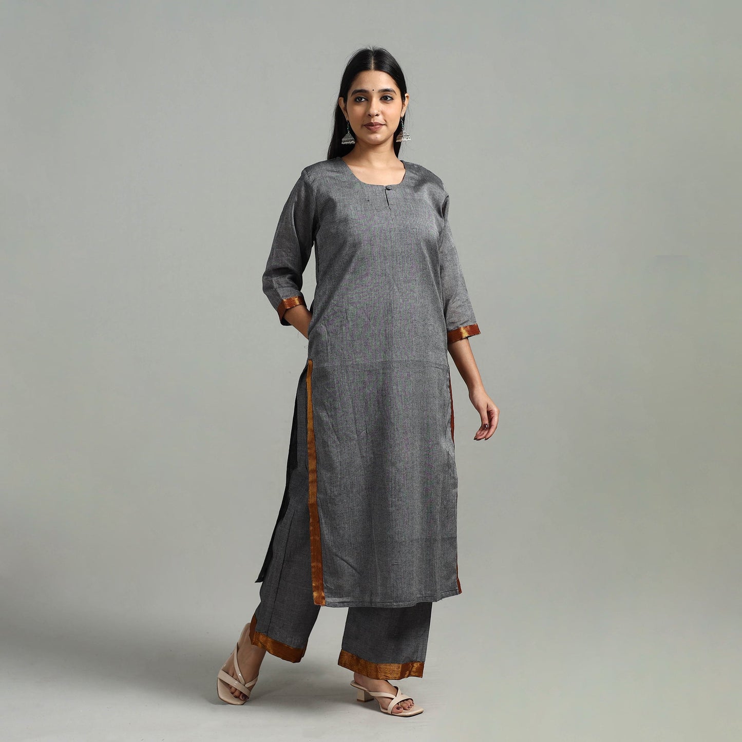  Grey Cotton Dharwad Kurta Set with Palazzo & Dupatta