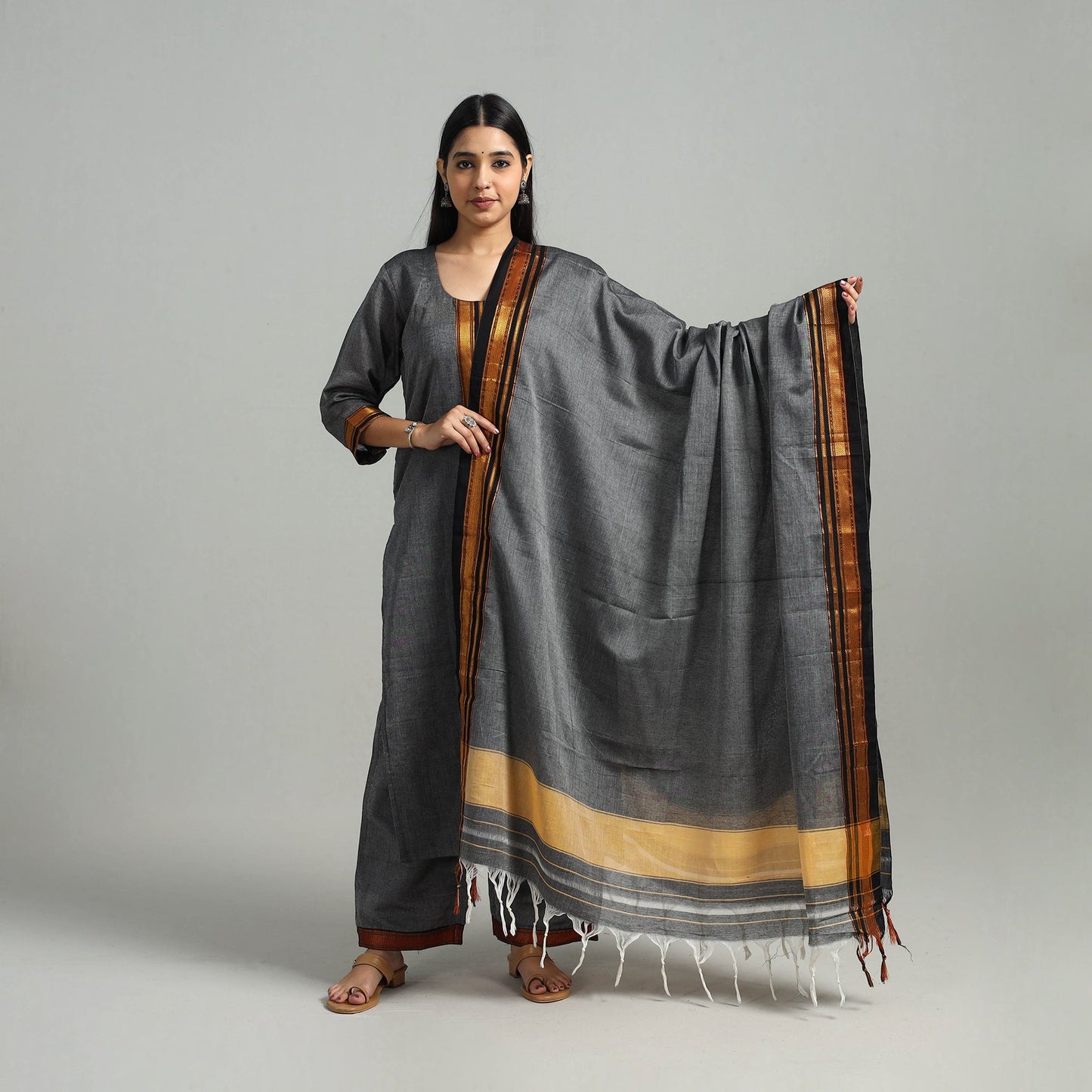  Grey Cotton Dharwad Kurta Set with Palazzo & Dupatta