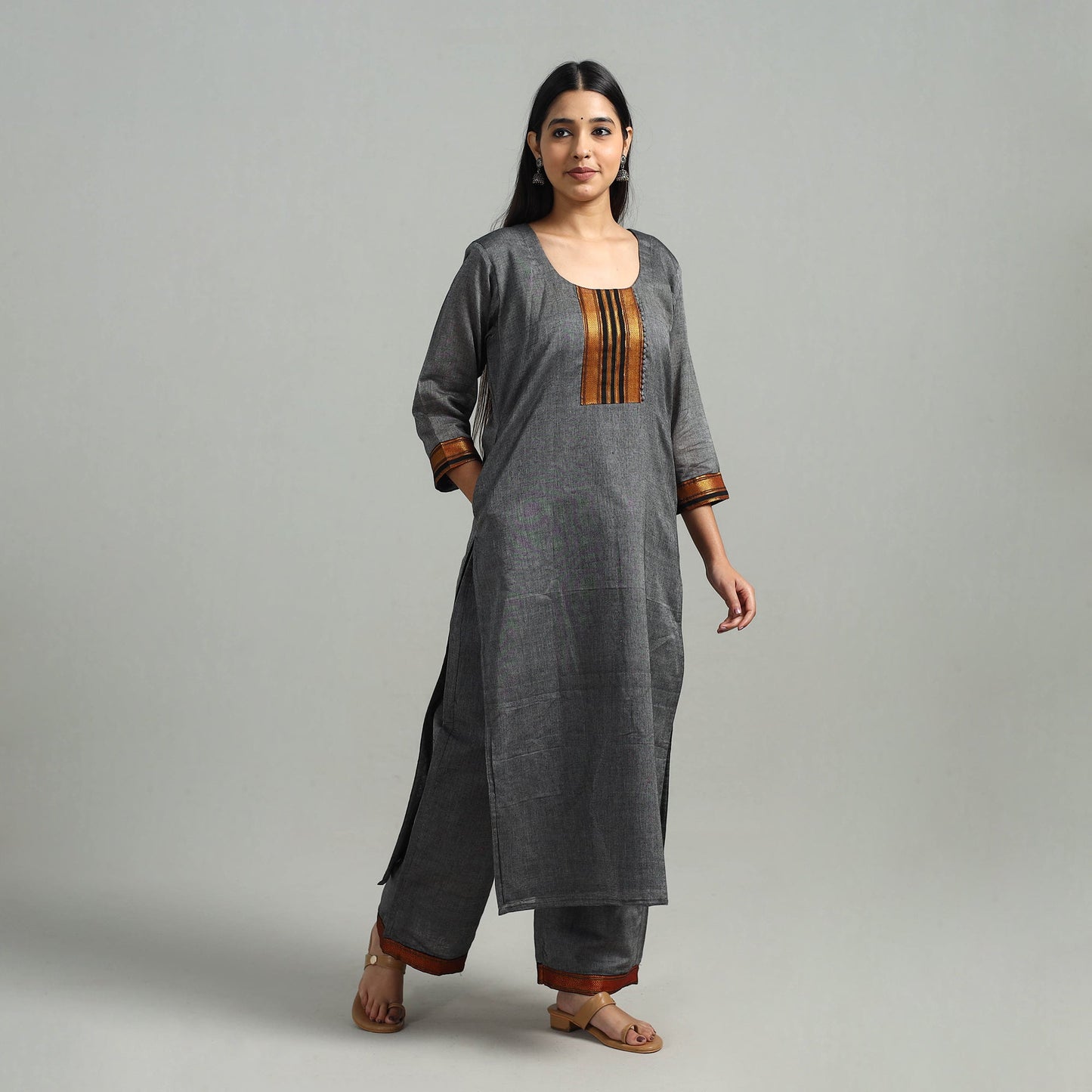  Grey Cotton Dharwad Kurta Set with Palazzo & Dupatta