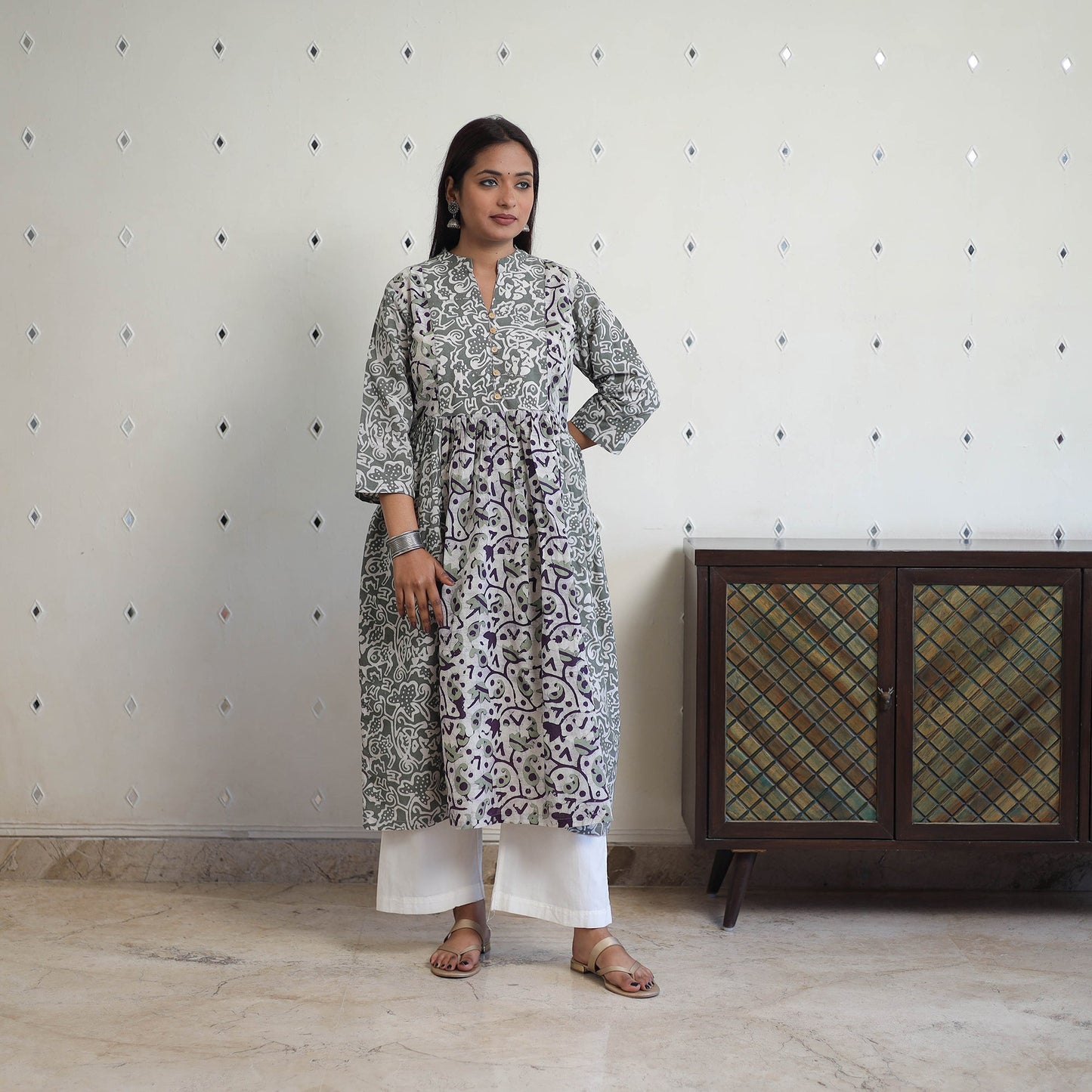 Grey - cotton flared batik print kurta 06 - handcrafted