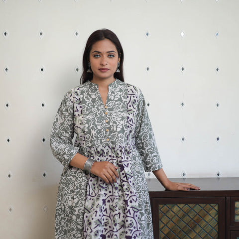 Grey - cotton flared batik print kurta 06 - handcrafted