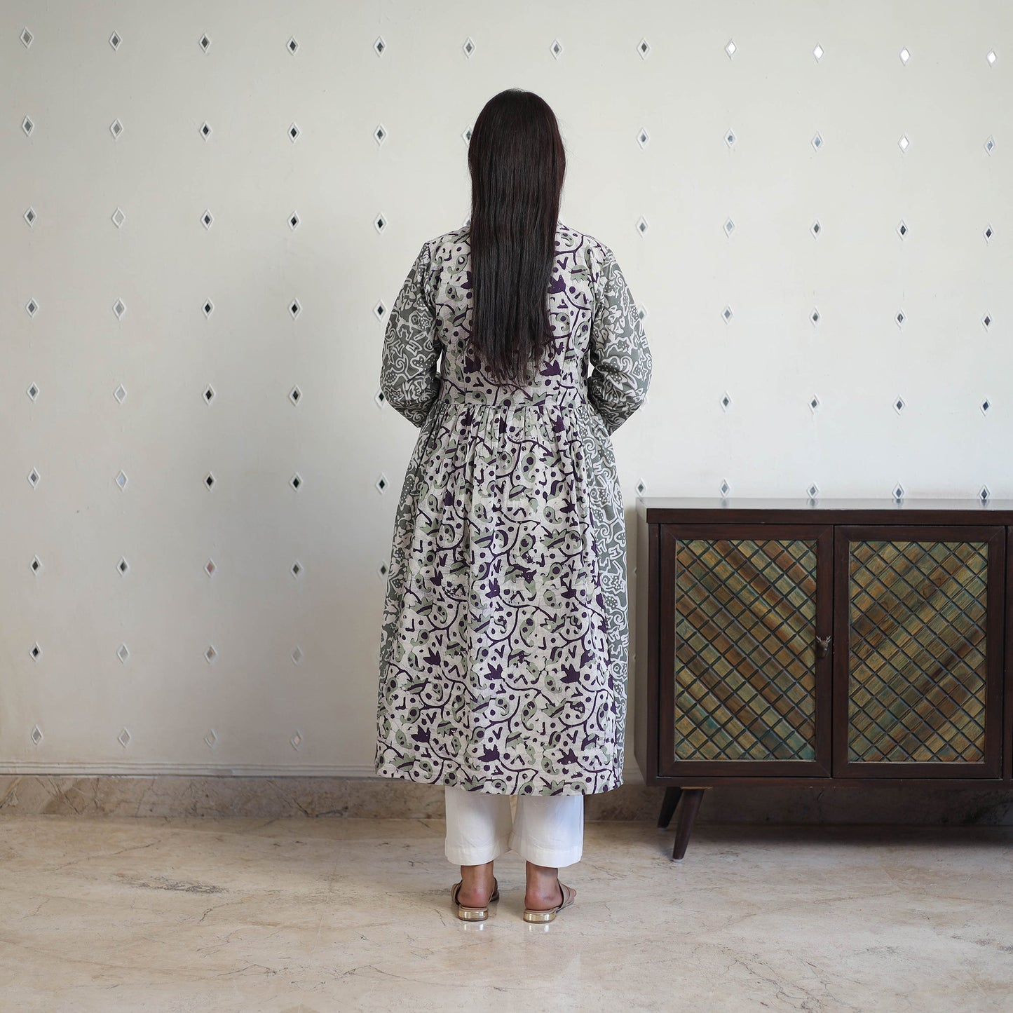 Grey - cotton flared batik print kurta 06 - handcrafted