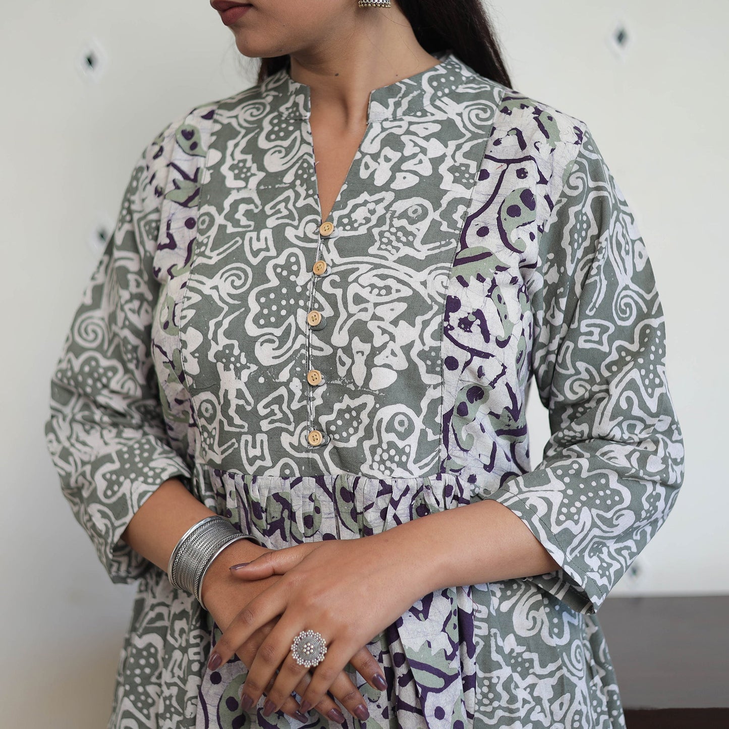 Grey - cotton flared batik print kurta 06 - handcrafted