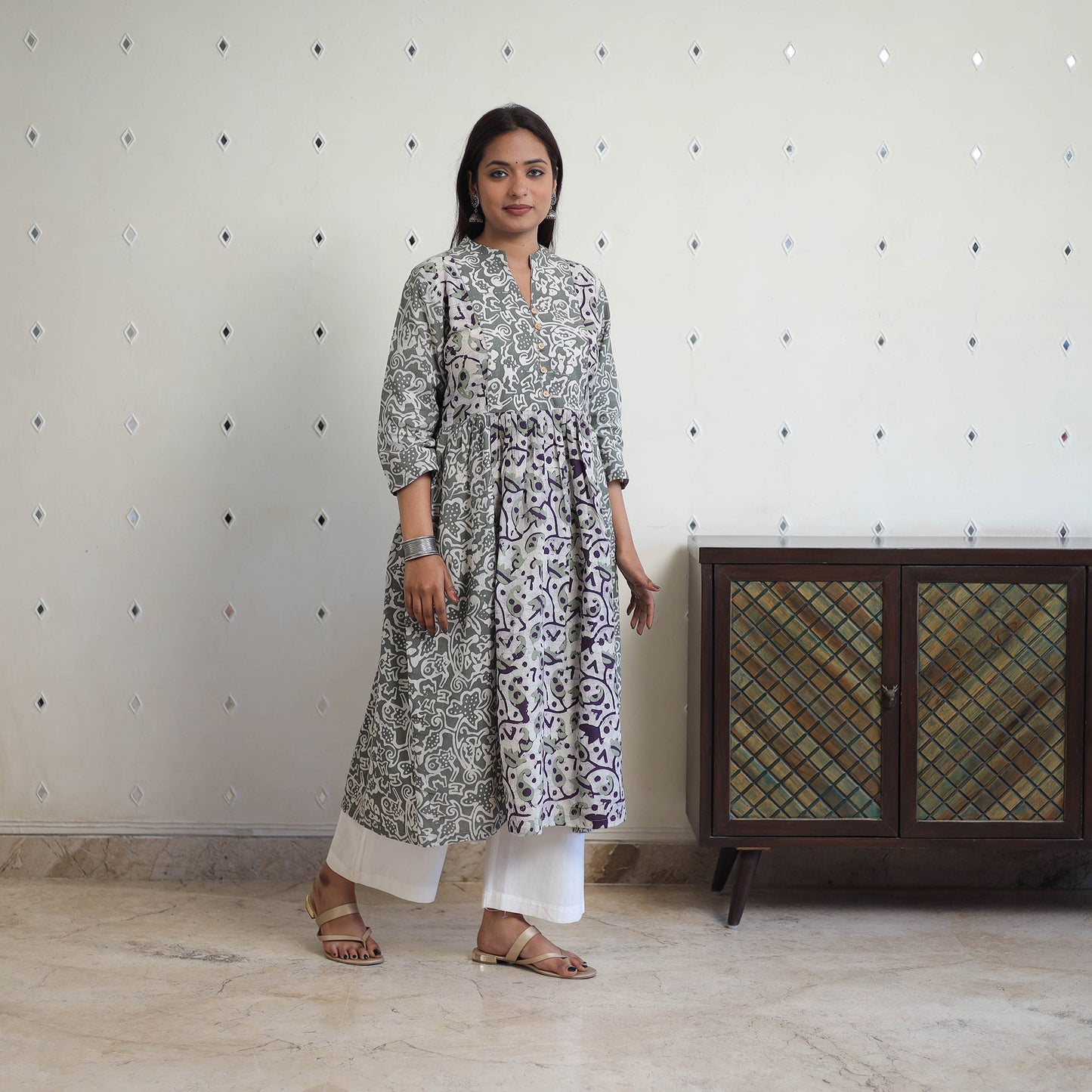 Grey - cotton flared batik print kurta 06 - handcrafted