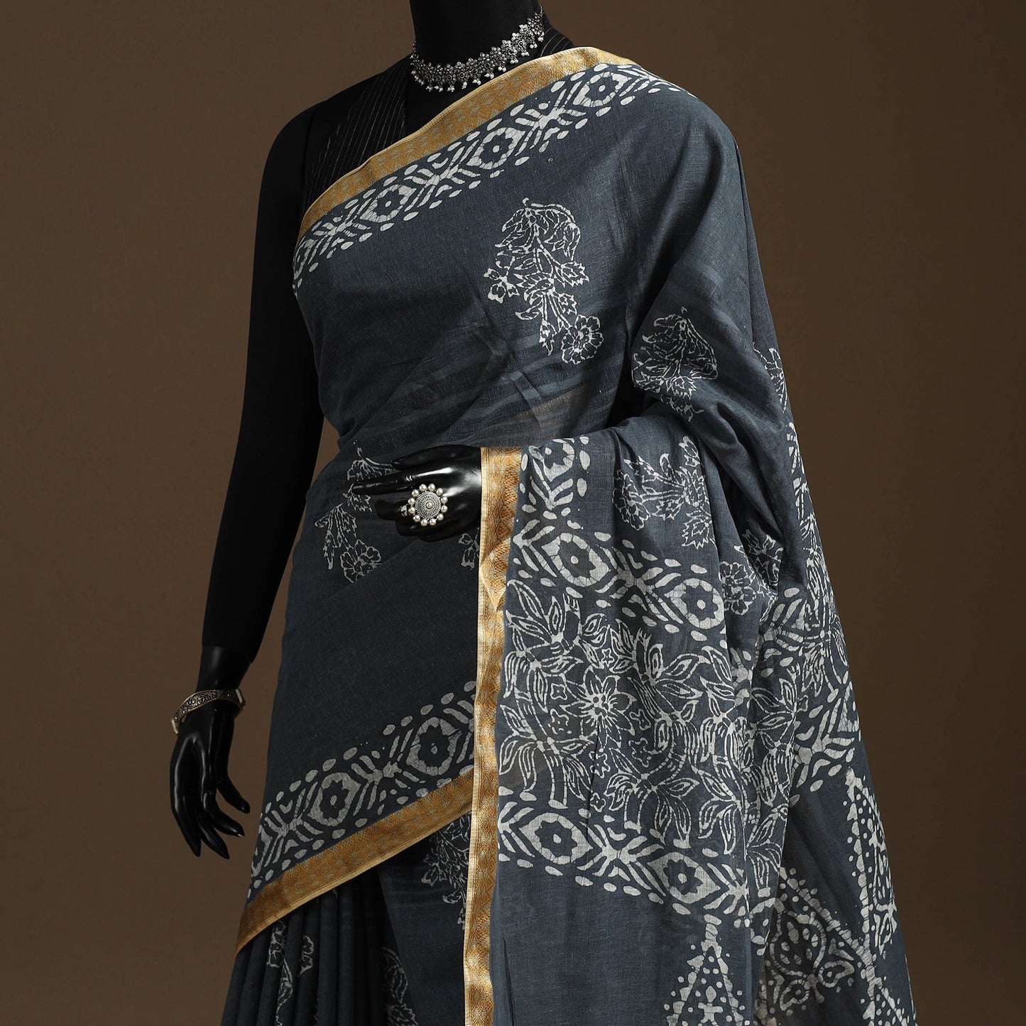 Grey - cotton hand batik saree with blouse 07 - handcrafted