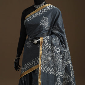 Grey - cotton hand batik saree with blouse 07 - handcrafted