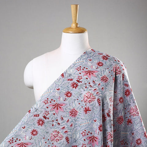 Grey Pink Gulshan Bagh Cotton Sanganeri Print Fabric
