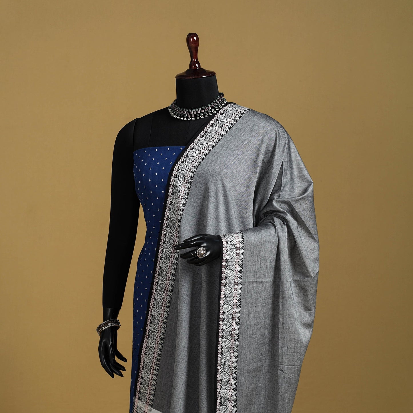 Grey - cotton jacquard dupatta with thread border 07