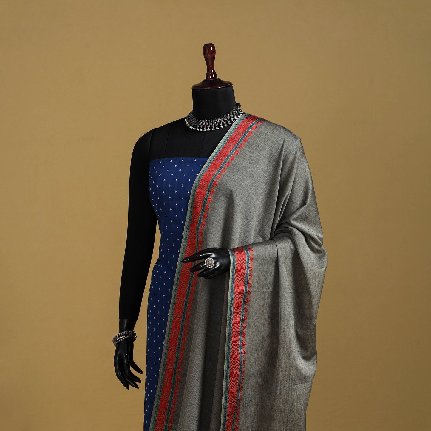 Grey - cotton jacquard dupatta with thread border 17