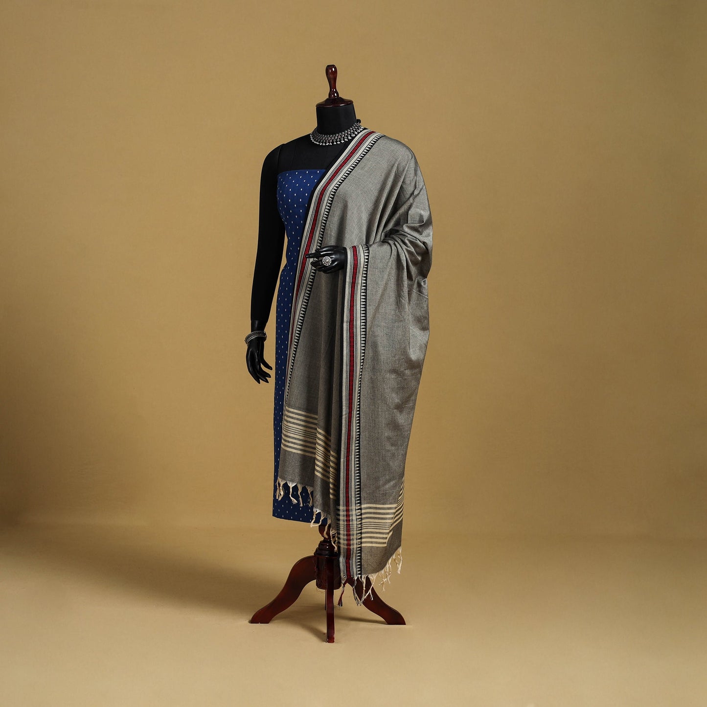 Grey - cotton jacquard dupatta with thread border 35