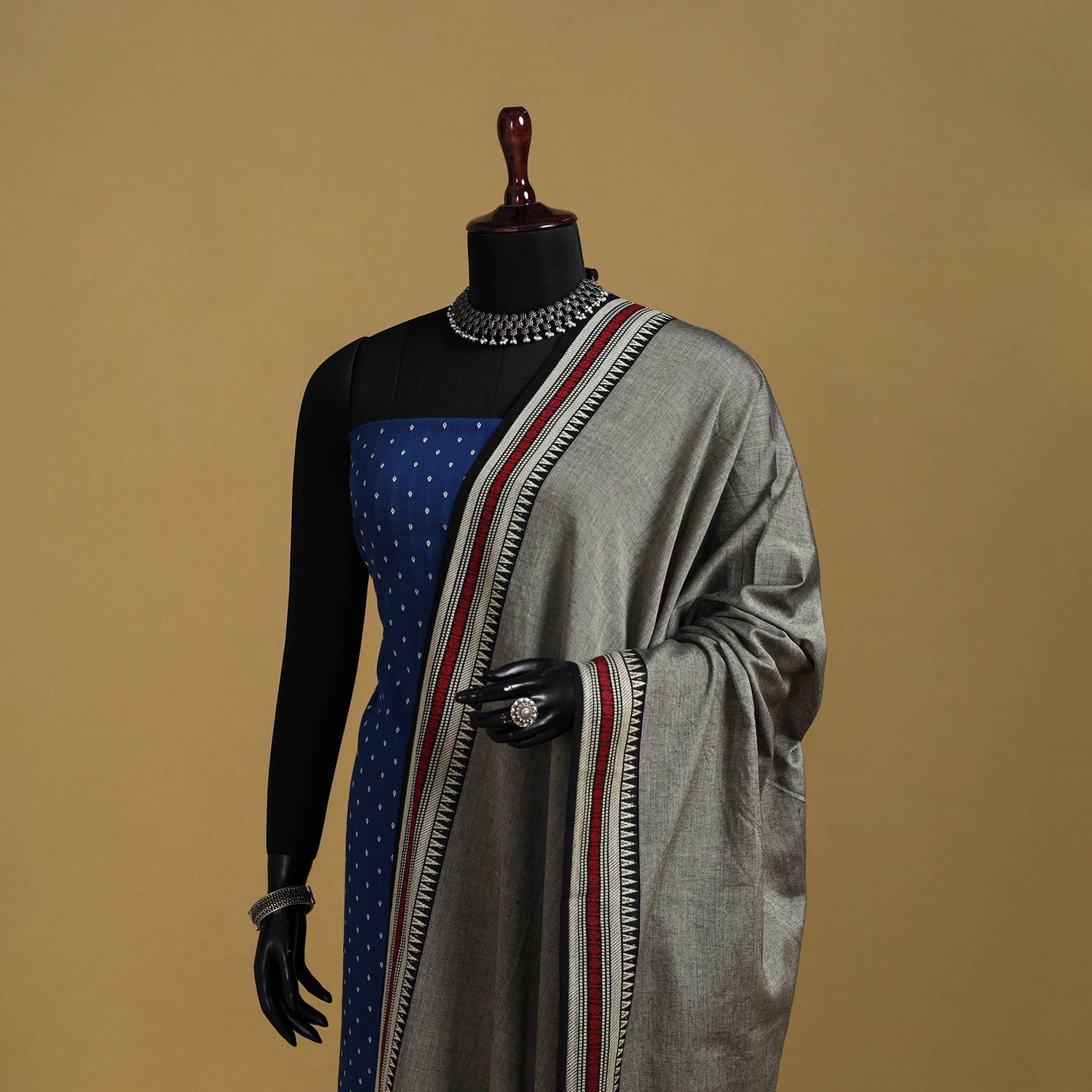 Grey - cotton jacquard dupatta with thread border 35