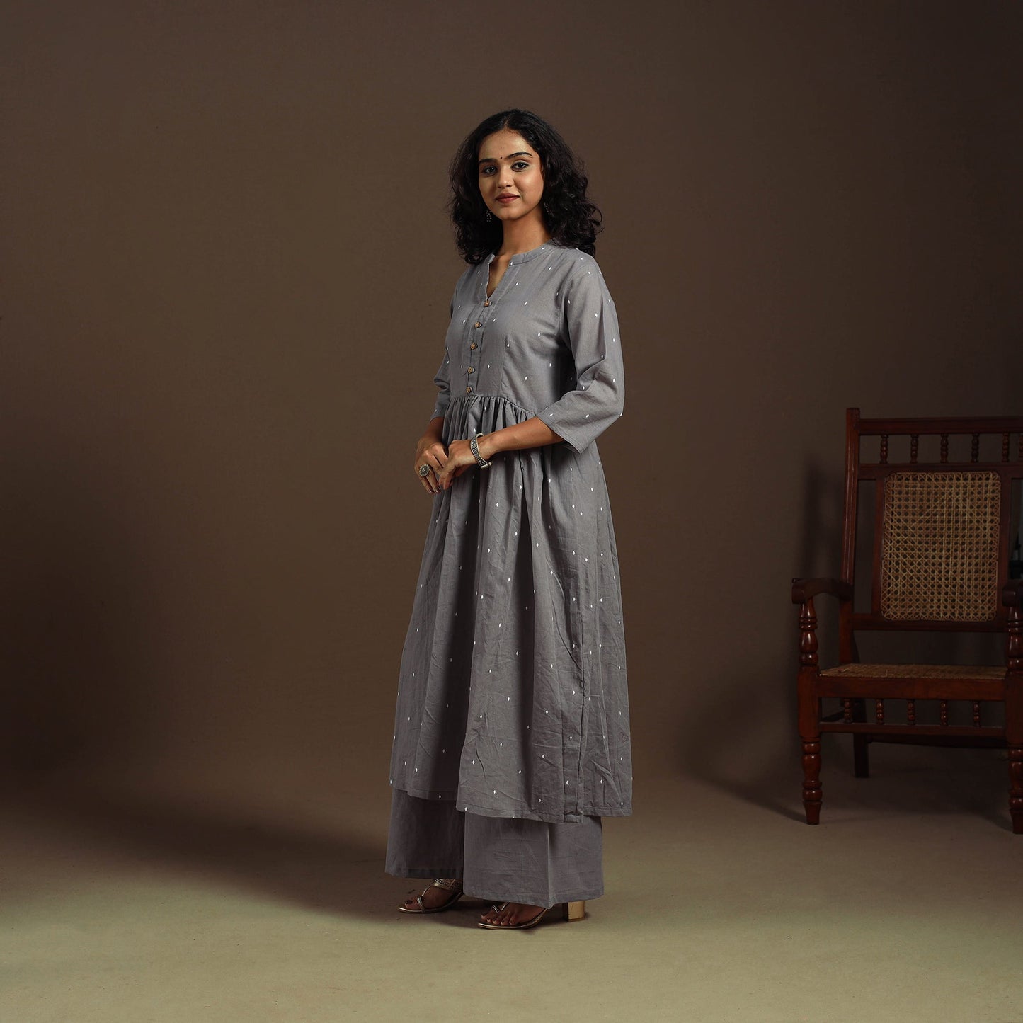 Grey - cotton jacquard kurta set (set of 2) 02 - handcrafted