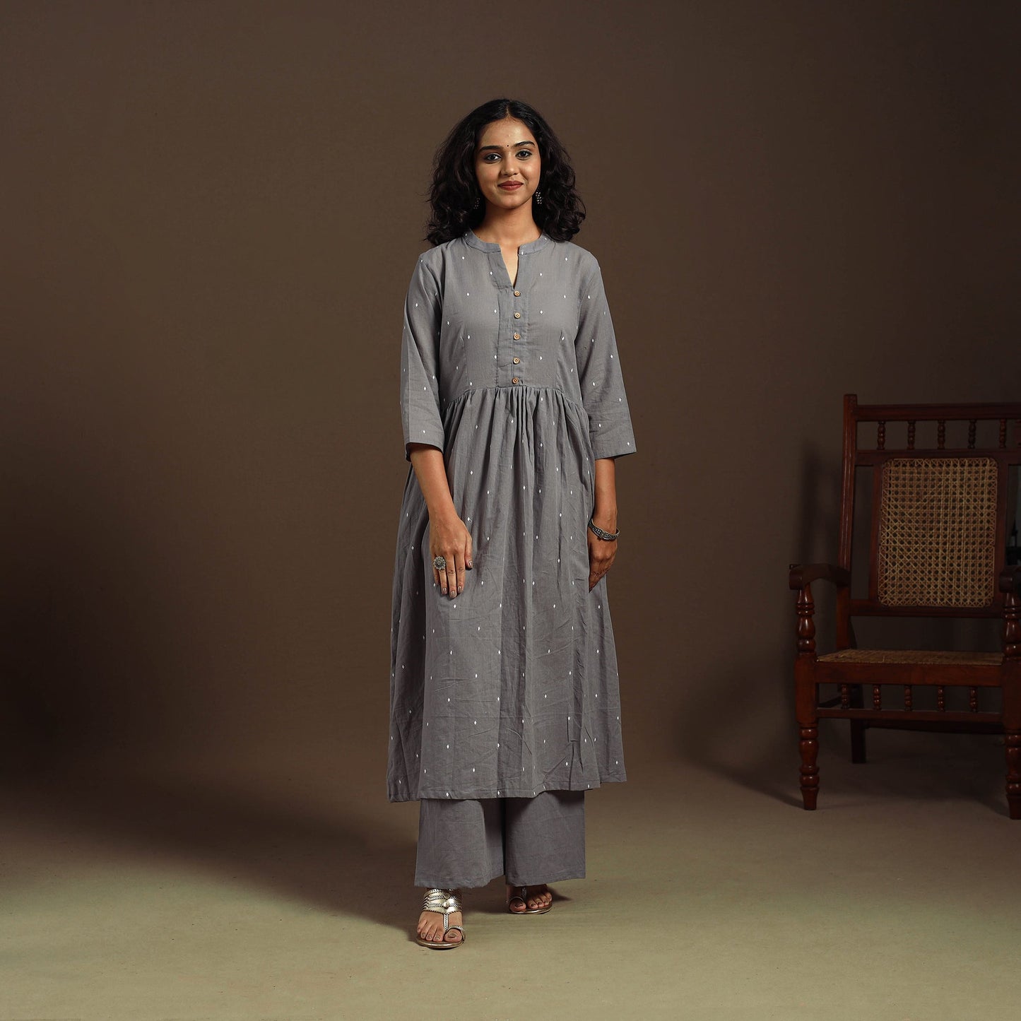 Grey - cotton jacquard kurta set (set of 2) 02 - handcrafted