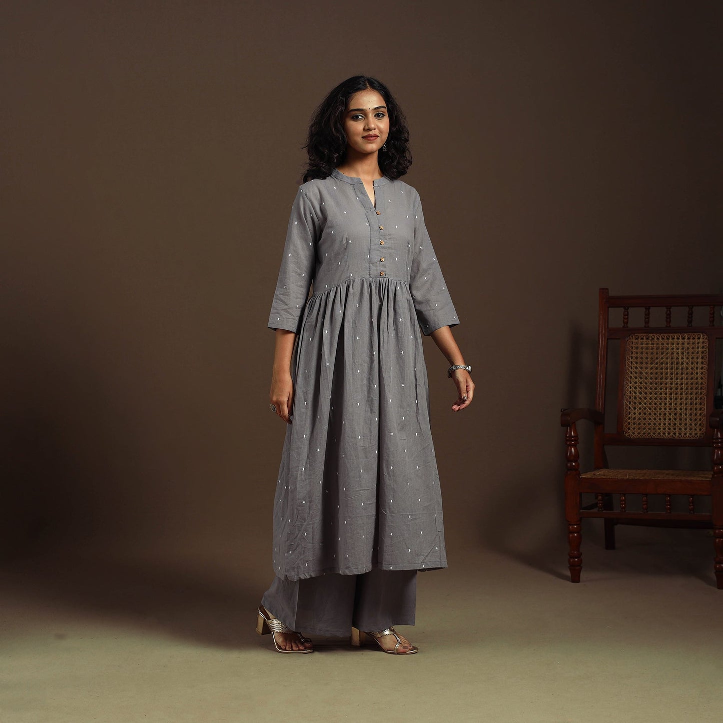 Grey - cotton jacquard kurta set (set of 2) 02 - handcrafted