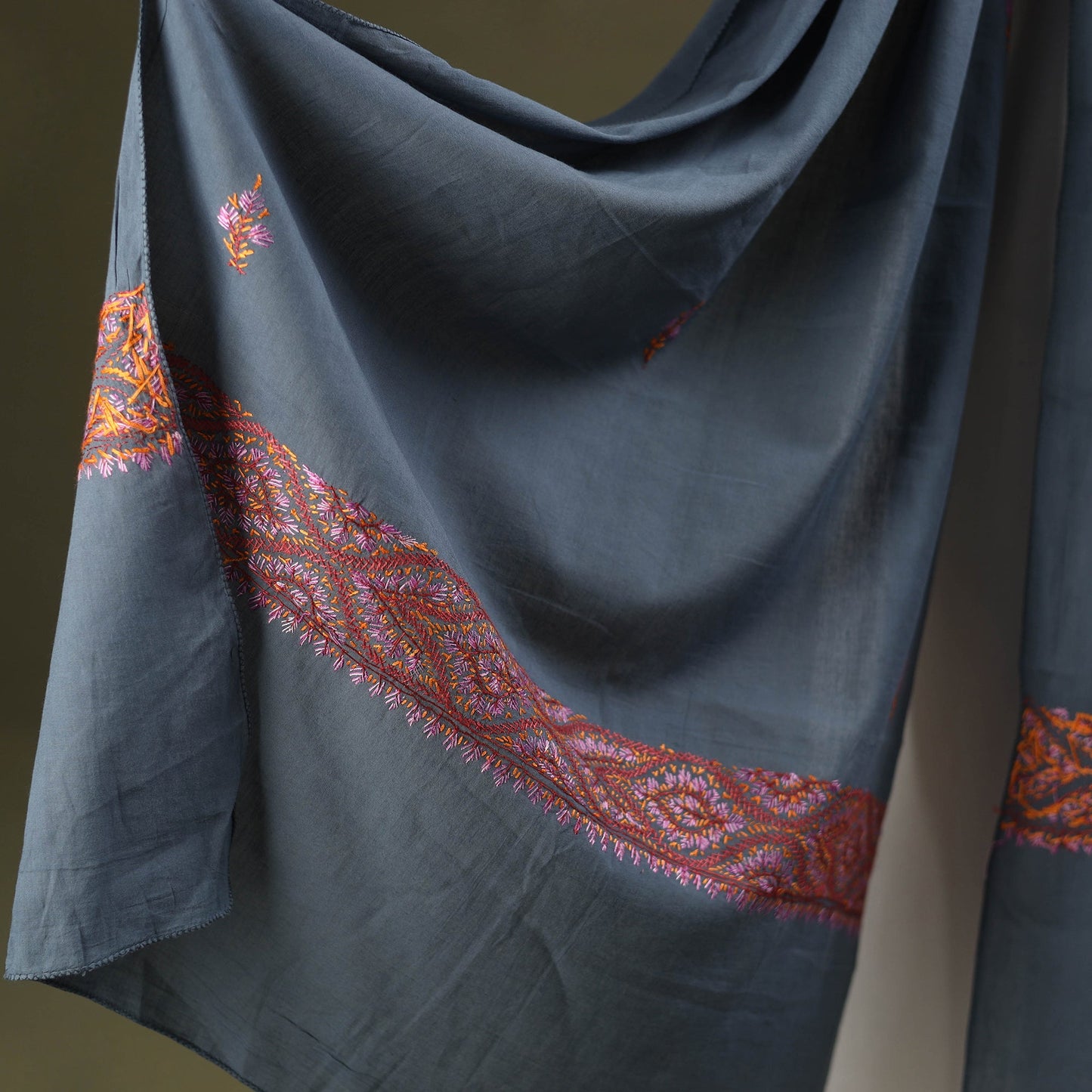 Grey - cotton kashida embroidery stole 08 - handcrafted