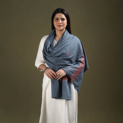Grey - cotton kashida embroidery stole 08 - handcrafted