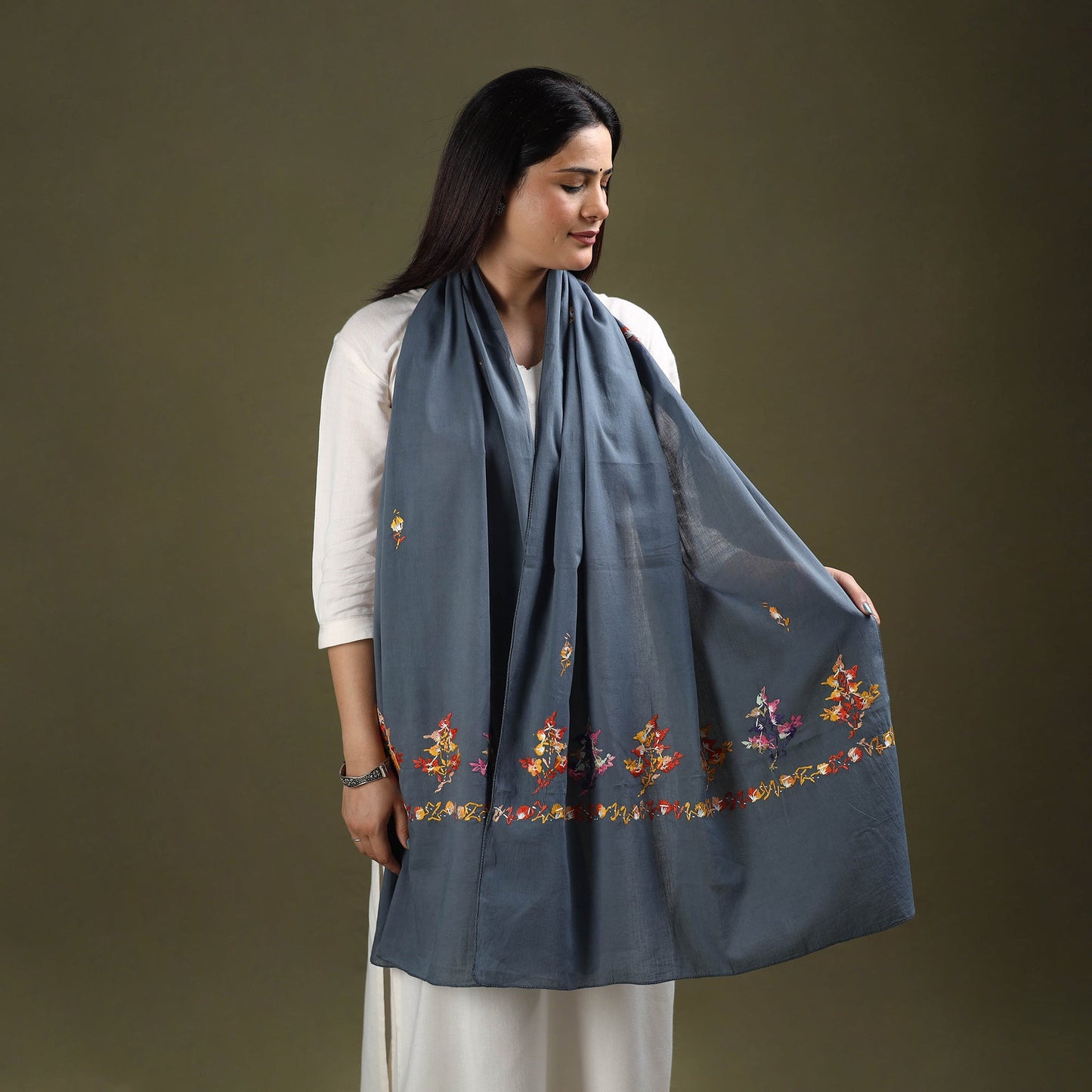 Buy Grey Cotton Kashida Embroidery Stole