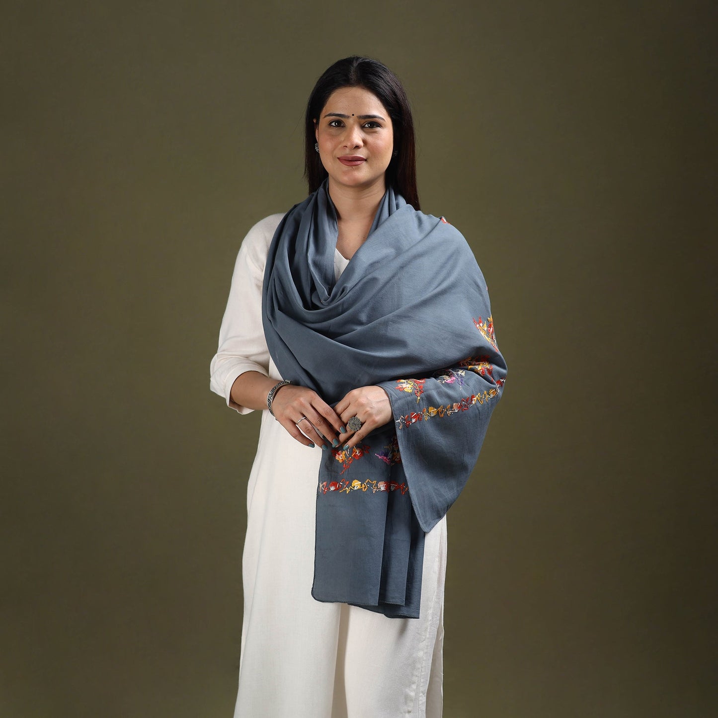 Buy Grey Cotton Kashida Embroidery Stole