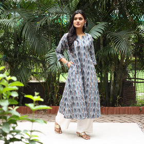 Grey Cotton A-Line Pochampally Ikat Kurta for women